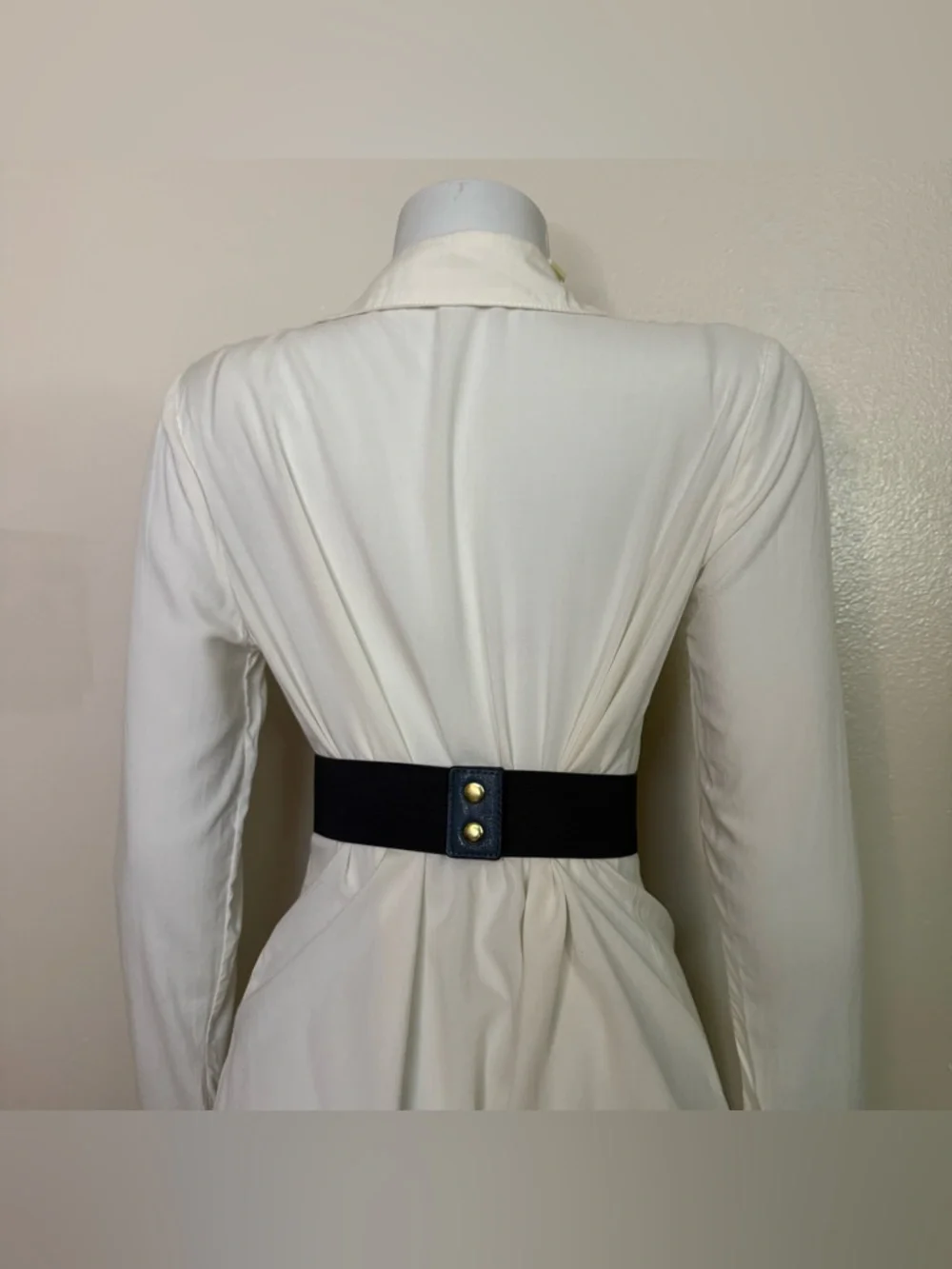 Navy blue wide PU leather elastic waistband belt with gold tone grommet